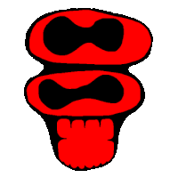 a cartoon drawing of a red skull with a black mouth and teeth