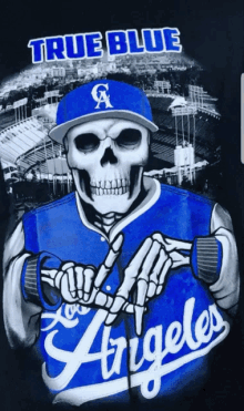 a picture of a skeleton wearing a true blue los angeles jersey