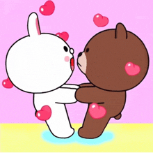 a teddy bear and a bunny are hugging each other with hearts flying around them