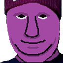 a pixel art of a man 's face with a purple mask and a hat .