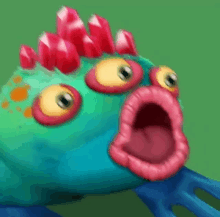 a colorful cartoon character with a pink mouth and big eyes is screaming .