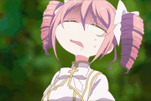 a girl with pink hair is making a face with her mouth open