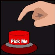 a red button with the word pick me on it