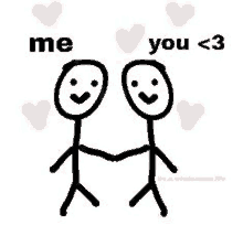 two stick figures holding hands with the words `` me you < 3 '' .