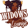 a logo for widows lounge with a woman holding a sign