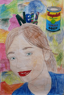 a drawing of a girl with a can of campbell 's tomato soup behind her