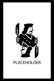 a black and white illustration of a man holding a feather and a sword with the word placeholder below him