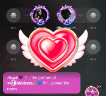 a pink heart with wings and the words purple the partner of akhizzz joined the room