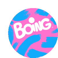 a pink and blue circle with the word boing in white