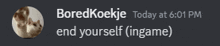 boredkoekje today at 6:01 pm end yourself ( ingame)