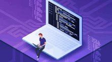 an isometric illustration of a man sitting on top of a laptop