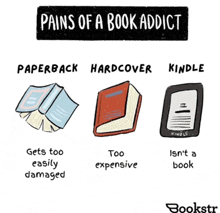 a cartoon shows the pains of a book addict including paperback hardcover kindle and isn 't a book