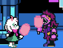 a pixel art of a cartoon character blowing a pink bubblegum