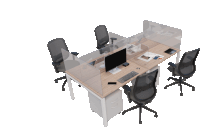 an office cubicle with three chairs and a monitor