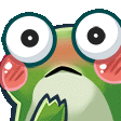 a green frog with big eyes and red cheeks is wearing glasses and making a funny face .