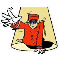 a cartoon of a waiter in a red uniform sitting in a hole with his hands outstretched .