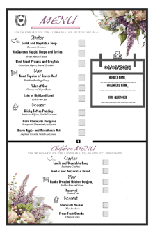 a menu for a restaurant with a purple flower design