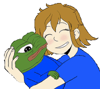 a girl in a blue shirt is hugging a green frog with a tongue sticking out .