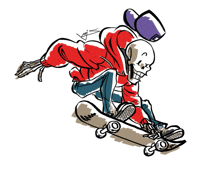 a drawing of a skeleton riding a skateboard with a purple hat