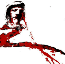 a black and white painting of a man with blood coming out of his mouth and beard .