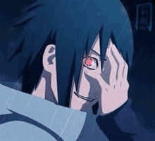 sasuke uchiha is covering his face with his hand in the rain .