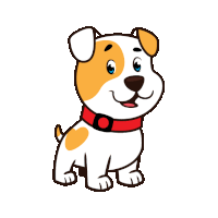 a brown and white dog wearing a red collar is smiling