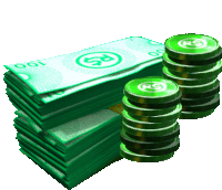 a stack of 100 dollar bills next to a stack of green coins with rs on them