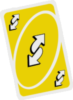 a yellow uno card with two arrows pointing in opposite directions on it