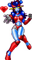 a pixel art of a female robot with a red heart in the background