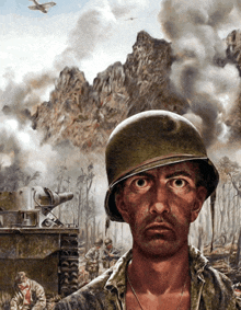 a painting of a soldier with a tank in the background and a mountain in the background