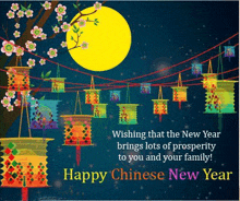 a happy chinese new year greeting card with lanterns hanging from a string