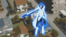 a cartoon character is flying through the air while holding a blue sword