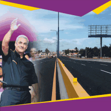 a man wearing a shirt that says ' seguridad ' on it waves his hand in front of a highway