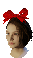 a woman wearing a red bow on her head