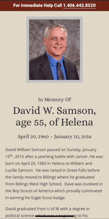 a memorial for david w. samson age 55 of helena april 20 1960 january 10 2016