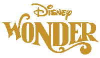 a logo for disney wonder is shown in gold on a white background