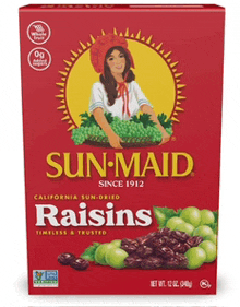 a red box of sun maid raisins with a woman on the front