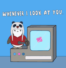 a cartoon of a penguin standing next to a machine that says " whenever i look at you "