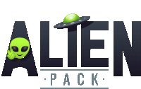 a logo for alien pack with a green alien and a saucer