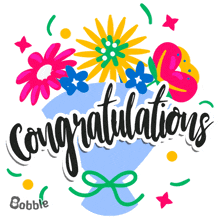 a congratulations card with a bouquet of flowers and confetti