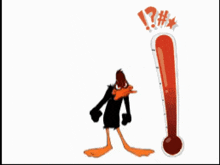 a cartoon duck is standing next to a red exclamation mark