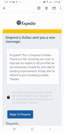 a screenshot of an email from expedia that says hi guest this is emperor 's suites