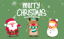 a merry christmas greeting card with santa reindeer and snowman on a green background