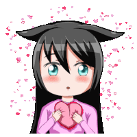 a girl with black hair and blue eyes is holding a pink heart