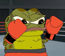 a cartoon frog wearing red boxing gloves in a ring