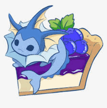 a pokemon is laying on top of a piece of pie with blueberries .