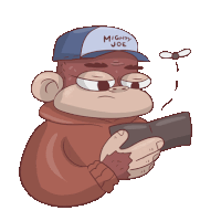 a monkey wearing a hat that says mighty joe is holding a controller