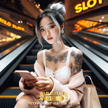 a woman sitting on a set of escalators looking at her phone with the words museum bola on the bottom