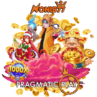 a poster for monist77 pragmatic play shows a cartoon character surrounded by gold coins