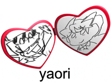 a heart shaped mirror with a drawing on it and the word yaori underneath it